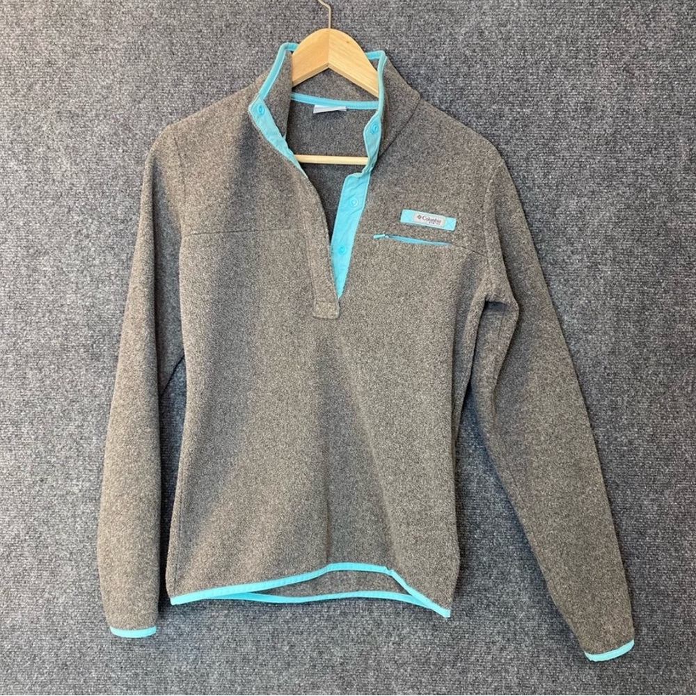 Columbia PFG fleece Pullover Womens Size XS Heather Gray and Blue Outline